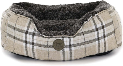 Sleepy Paws Square Bed For Dogs Oatmeal and Dark Check 68 x 53cm