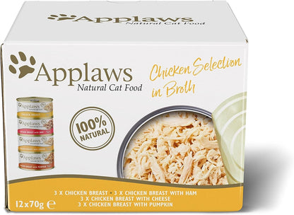 Applaws Natural Wet Cat Food Tin, Chicken Multipack Selection in Broth Pack of 12 x 70g Tins)