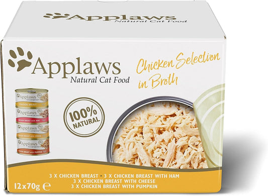 Applaws Natural Wet Cat Food Tin, Chicken Multipack Selection in Broth Pack of 12 x 70g Tins)