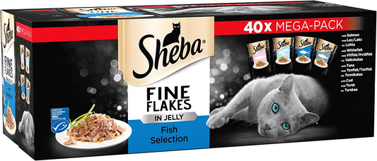 Sheba Fine Flakes in Jelly – Fish Collection – Wet Cat Food Pouches for Adult Cats – (40 x 85 g)