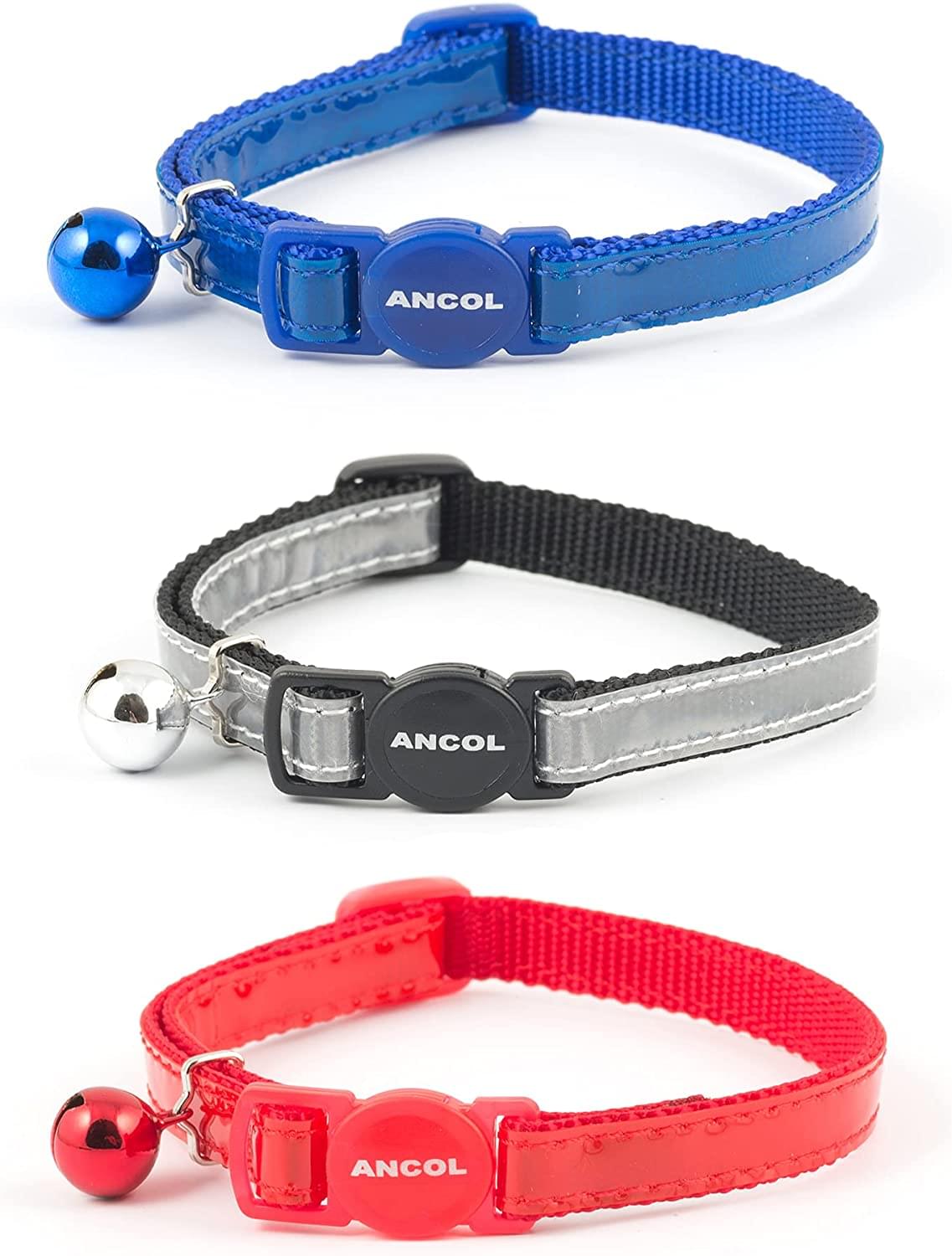 Ancol Gloss Reflective Cat Collar with safety buckle Blue,Red,Silver , 20-30cm