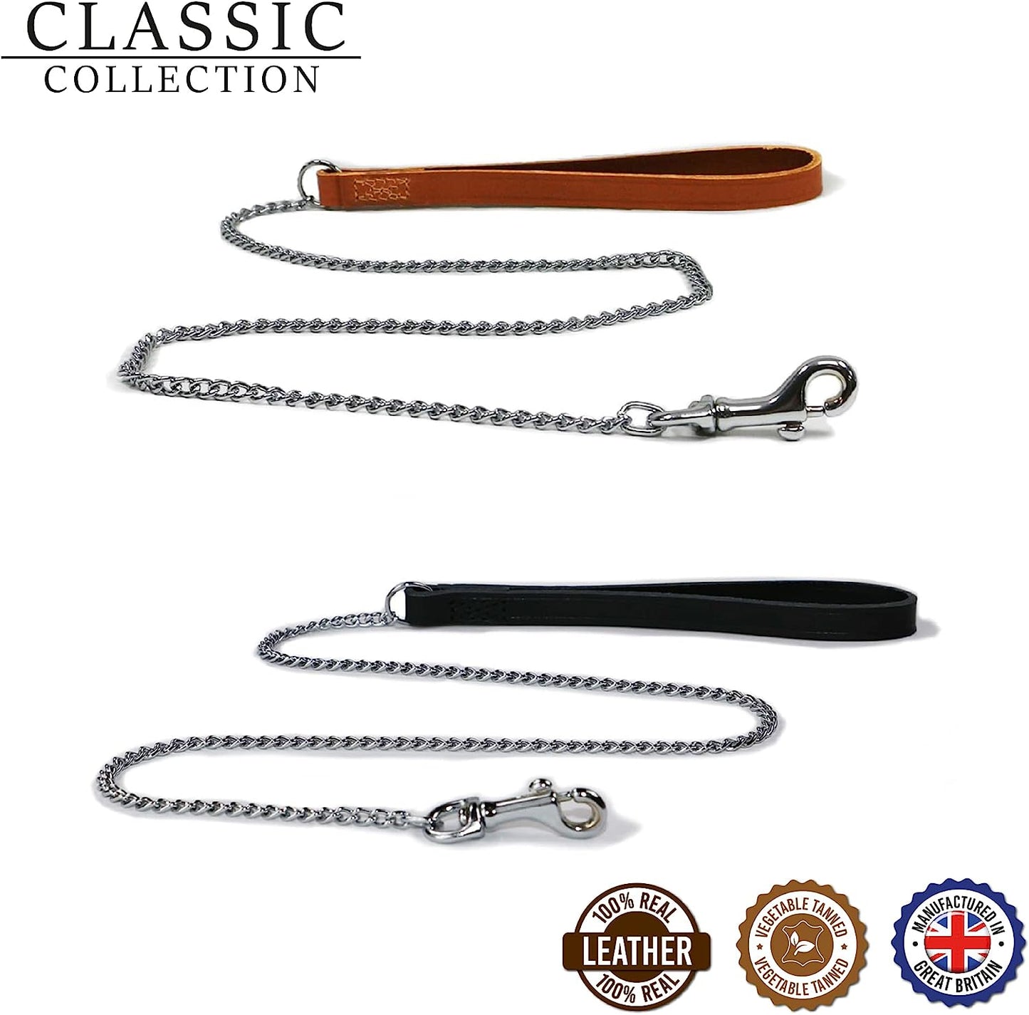 Ancol Heritage Extra Heavy Chain Lead W/leather Handle Black 50cm Sz 7-9