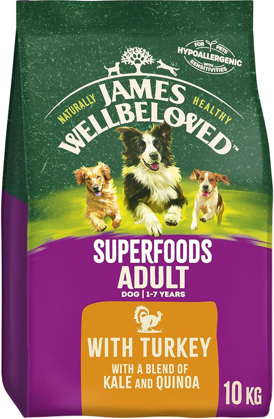 James Wellbeloved Adult Superfoods 10 kg Bag, Hypoallergenic Dry Dog Food, Turkey with Kale & Quinoa