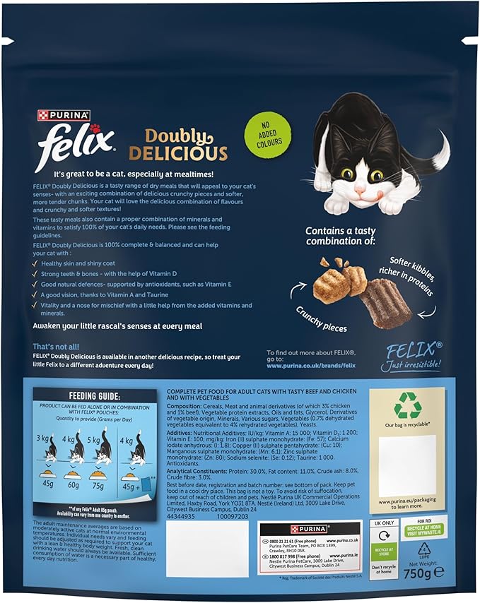 FELIX Doubly Delicious Beef Chicken & Vegetables Dry Cat Food - ( 750g × 4 )
