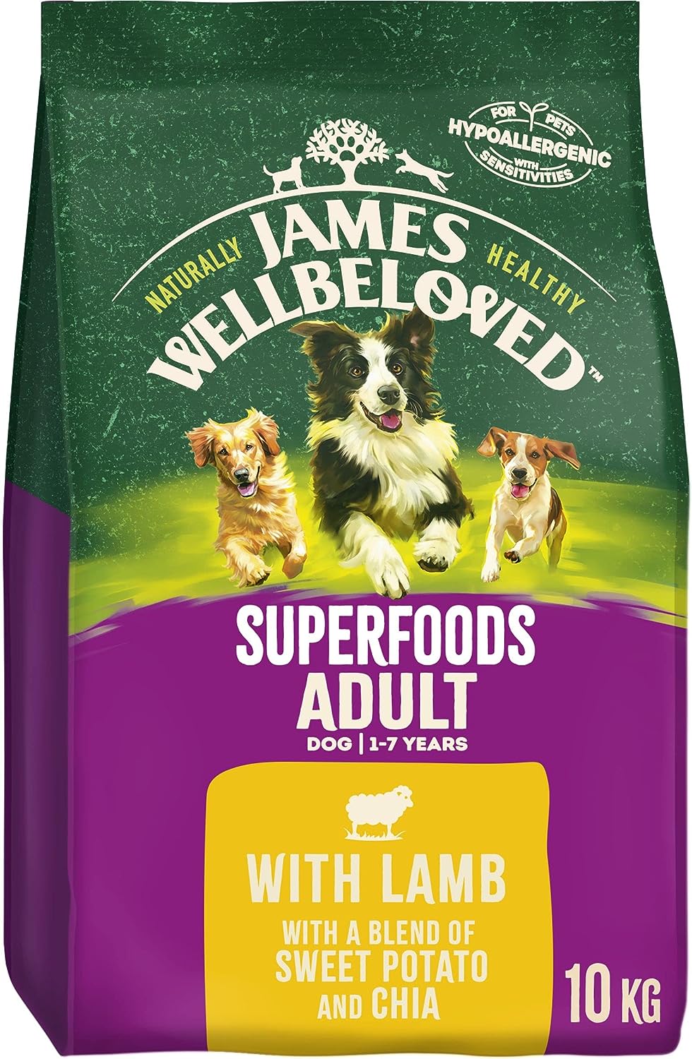 James Wellbeloved Adult Superfoods 10 kg Bag, Hypoallergenic Dry Dog Food, Lamb with Sweet Potato & Chia