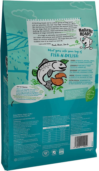 Barking Heads Dry Dog Food - Fish 'n' Delish 12kg - 100% Natural Salmon & Trout with Hypoallergenic Ingredients - Grain-Free Recipe