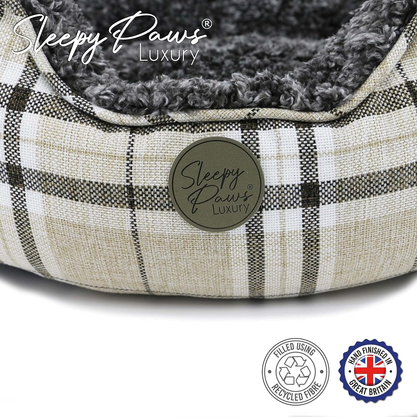 Sleepy Paws Square Bed For Dogs Oatmeal and Dark Check 68 x 53cm