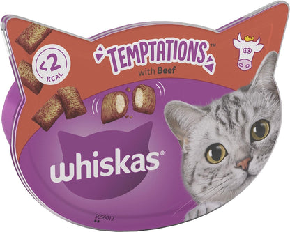 WHISKAS Temptations - Tasty, Crunchy Cat Treats, Small Bite Size Snacks with a Delicious Beef Filling, 8 x 60 g