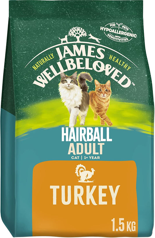 James Wellbeloved Hairball Adult Turkey 1.5 kg Bag, Hypoallergenic Dry Cat Food