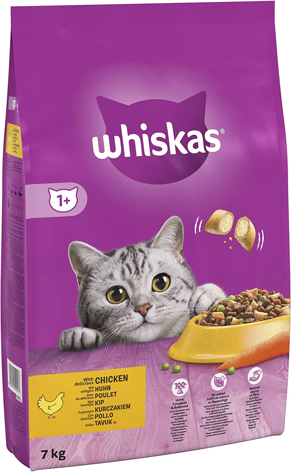 Whiskas 1+ Chicken 7kg Bag, Adult Cat Dry Food With Chicken