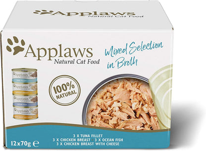 Applaws Natural Wet Cat Food, Multipack Chicken and Fish Selection in Broth 70 g Tin (Pack of 12)