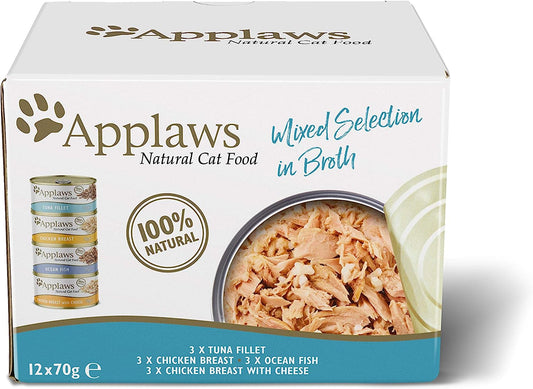 Applaws Natural Wet Cat Food, Multipack Chicken and Fish Selection in Broth 70 g Tin (Pack of 12)