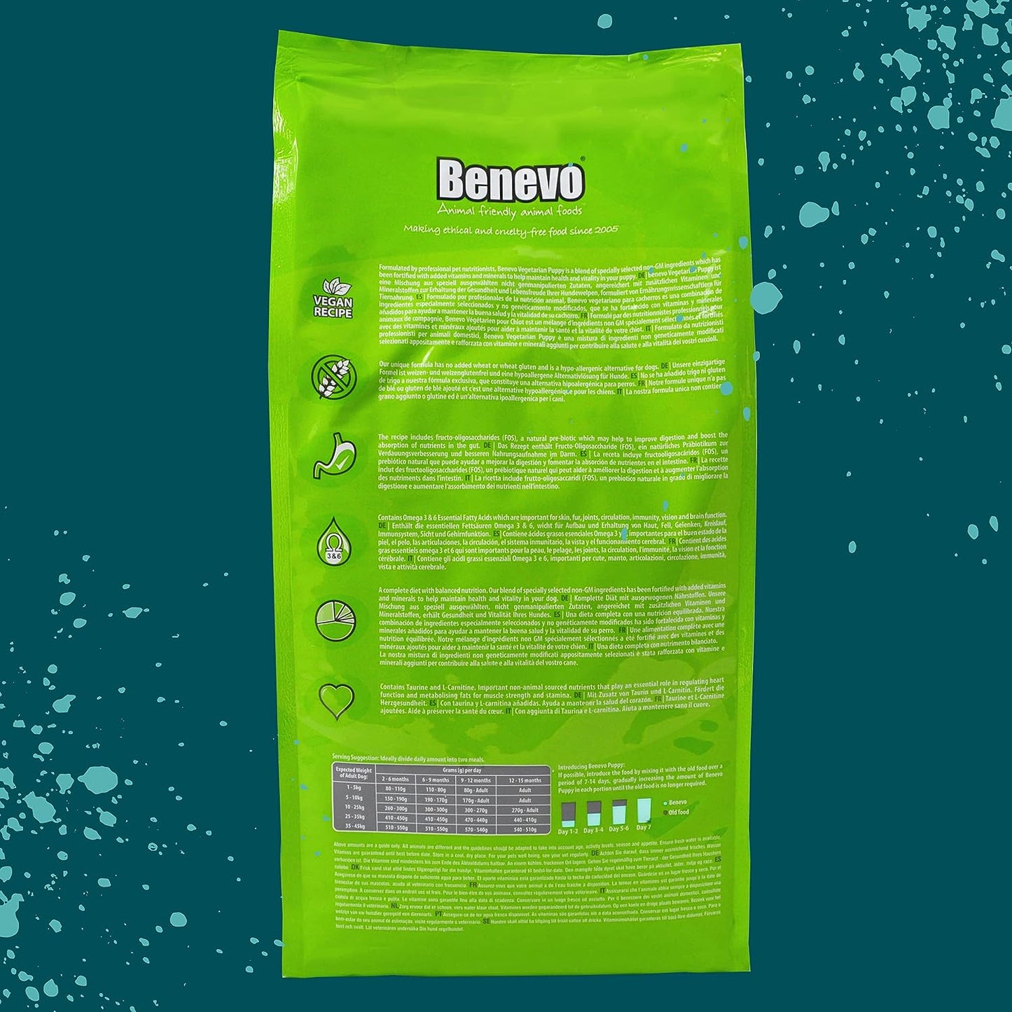 Vegan puppy food from Benevo. Complete dry puppy food, wheat free, large and small breed. Holistic & non-gm dried kibble for puppies 10kg
