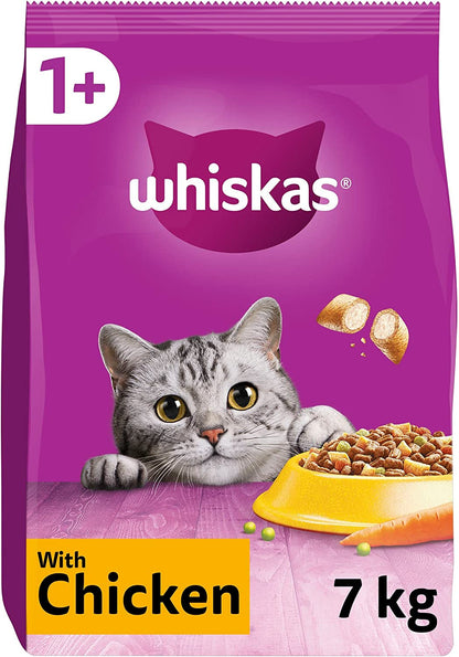 Whiskas 1+ Chicken 7kg Bag, Adult Cat Dry Food With Chicken