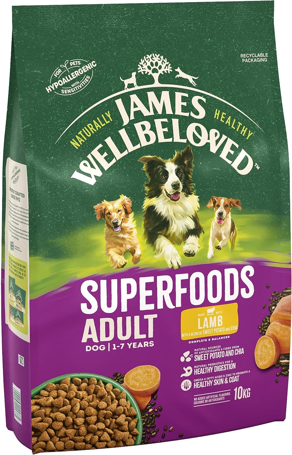 James Wellbeloved Adult Superfoods 10 kg Bag, Hypoallergenic Dry Dog Food, Lamb with Sweet Potato & Chia