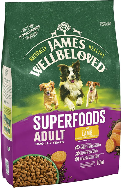 James Wellbeloved Adult Superfoods 10 kg Bag, Hypoallergenic Dry Dog Food, Lamb with Sweet Potato & Chia