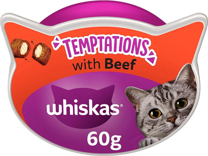 WHISKAS Temptations - Tasty, Crunchy Cat Treats, Small Bite Size Snacks with a Delicious Beef Filling, 8 x 60 g