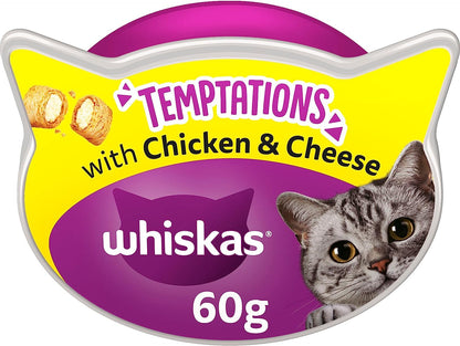 Whiskas Temptations 8 Packets, Tasty, Crunchy Treats for Adult Cats, bite size Snacks with a delicious Chicken & Cheese Filling