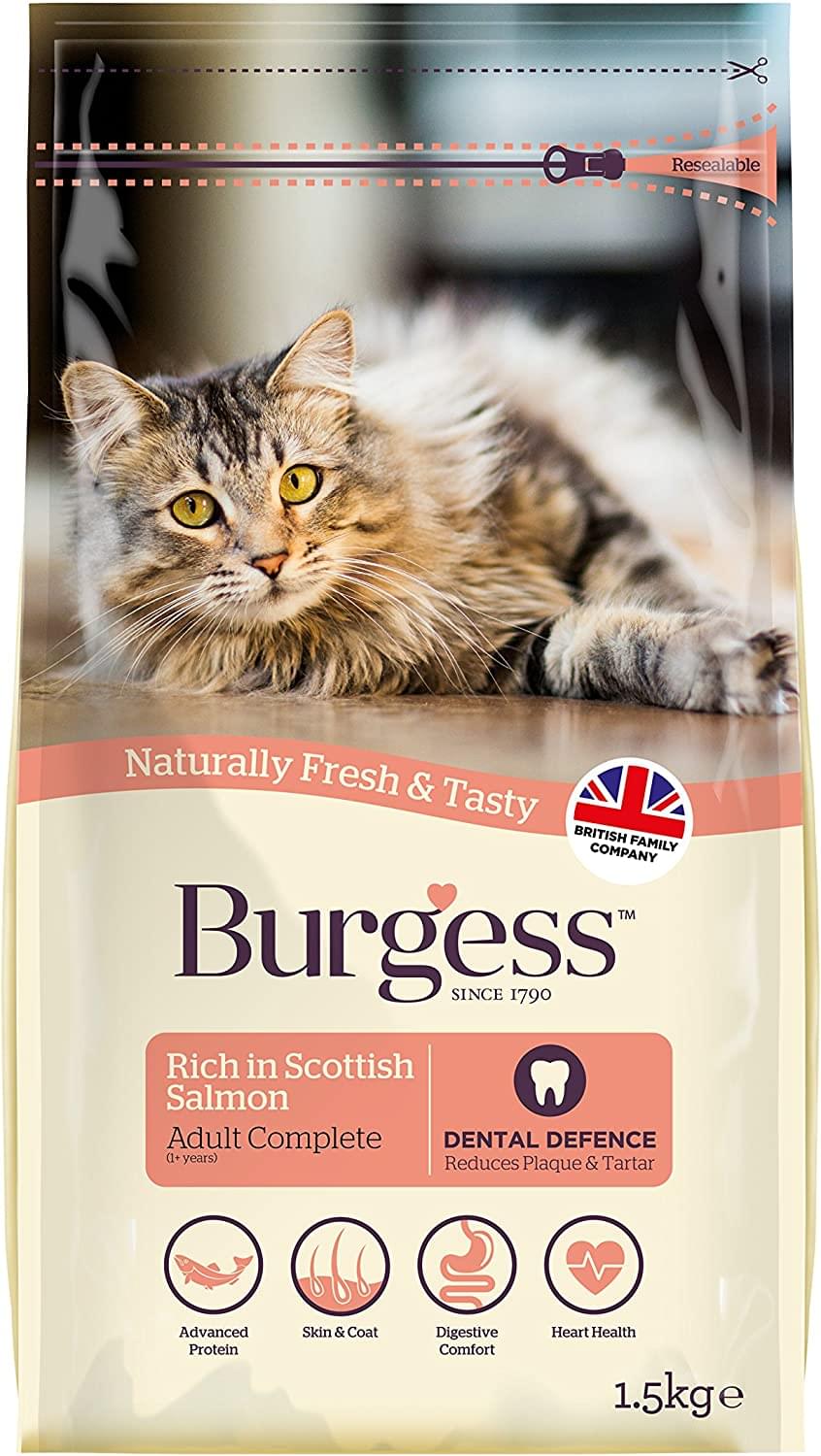 Burgess Adult Cat Food Rich in Scottish Salmon 1.5kg or 1.5kg pack of 4. 10 kg