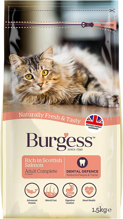 Burgess Adult Cat Food Rich in Scottish Salmon 1.5kg or 1.5kg pack of 4. 10 kg