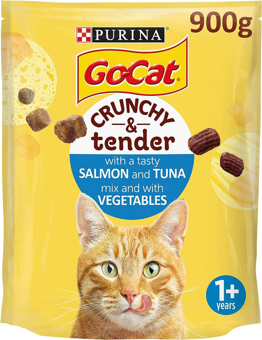 Go-Cat Crunchy & Tender Salmon, Tuna & Veg Dry Cat Food, 900 g (Pack of 4)