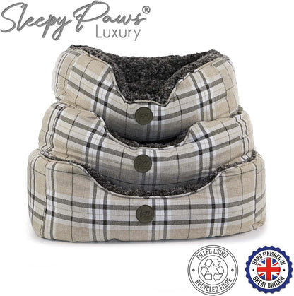 Sleepy Paws Square Bed For Dogs Oatmeal and Dark Check 68 x 53cm