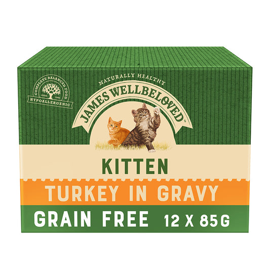 James Wellbeloved Grain Free Kitten Cat Food Pouches Turkey in Gravy-(12pk x 85g)