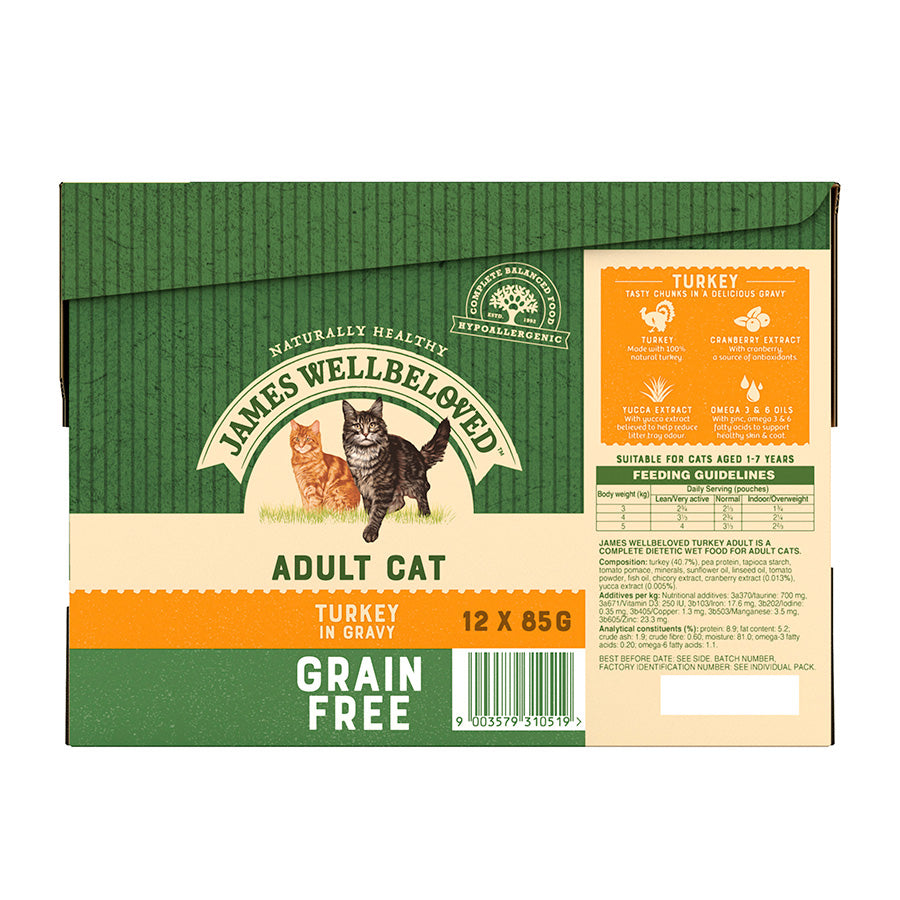 James Wellbeloved Grain Free Adult Cat Food Pouches Turkey in Gravy - 12pk x 85g