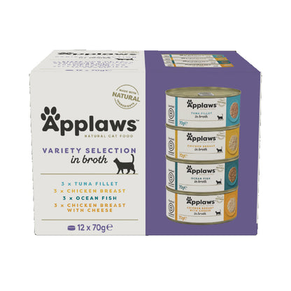 Applaws Natural Wet Adult Cat Food Variety Pack in Broth – 12x70g Tins