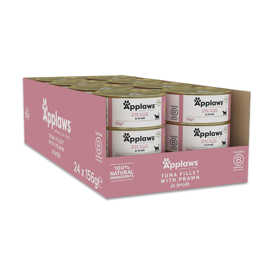 Applaws Natural Tuna Fillet with Prawn in Broth Wet Adult Cat Food –  ( 24 × 156g ) Tins
