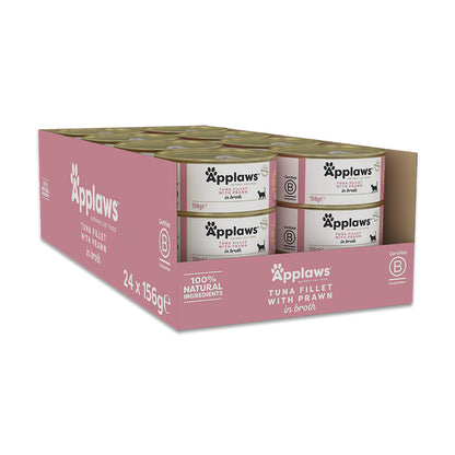 Applaws Natural Tuna Fillet with Prawn in Broth Wet Adult Cat Food –  ( 24 × 156g ) Tins