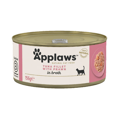Applaws Natural Tuna Fillet with Prawn in Broth Wet Adult Cat Food –  ( 24 × 156g ) Tins