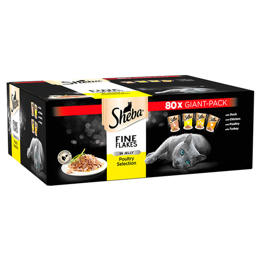 Sheba Fine Flakes Cat Pouches Poultry Collection in Jelly (80 Pack  x 85g)