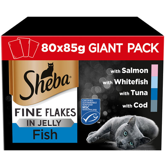 Sheba Fine Flakes Cat Pouches Fish Collection in Jelly 80 Pack x 85g