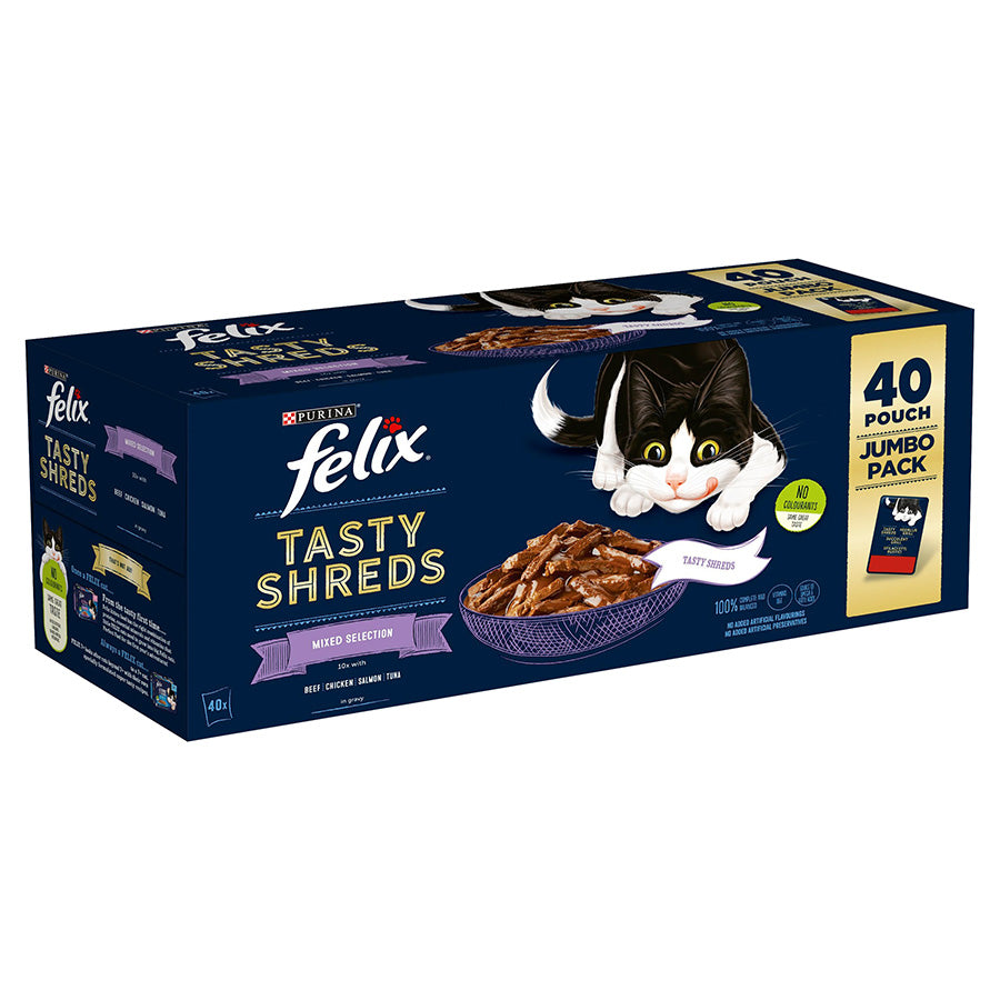 Felix Tasty Shreds Mixed Selection in Gravy Wet Cat Food 40pk × 80g