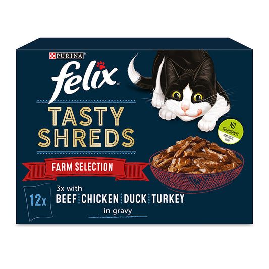 Felix Tasty Shreds Farm Selection in Gravy Wet Cat Food ( 12pk × 80g ) - 4 packs