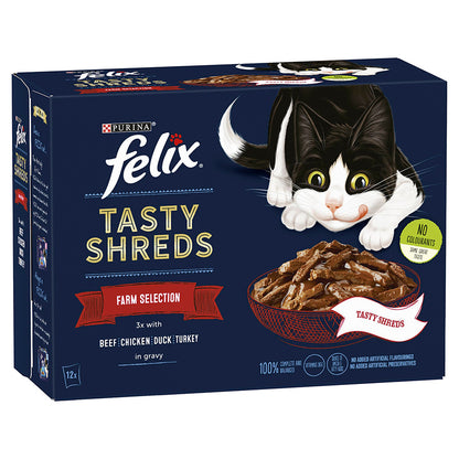 Felix Tasty Shreds Farm Selection in Gravy Wet Cat Food ( 12pk × 80g ) - 4 packs