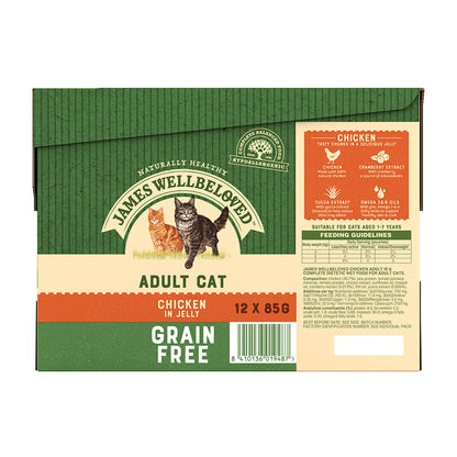 James Wellbeloved Grain Free Adult Cat Food Pouches Chicken in Jelly ( 12 x 85g )