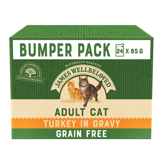 James Wellbeloved Grain Free Adult Cat Food Pouches Turkey in Gravy (24 x 85g)