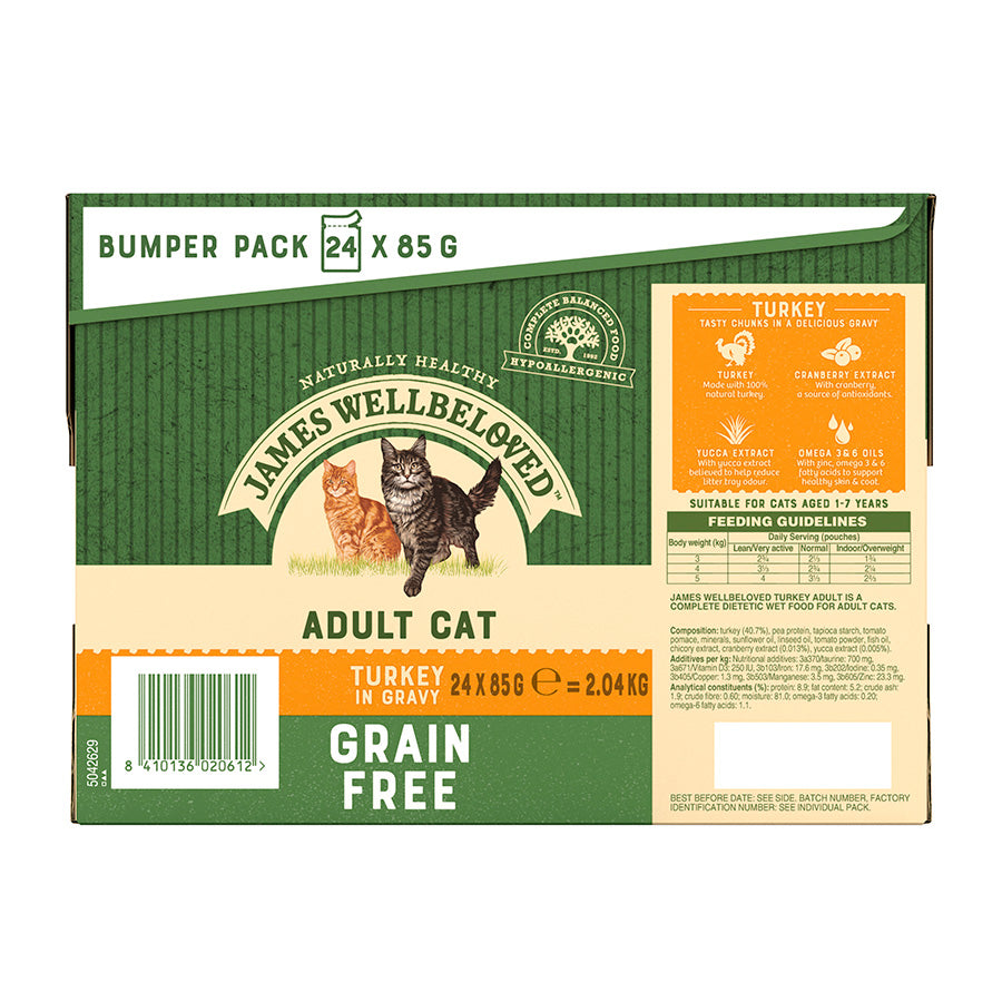 James Wellbeloved Grain Free Adult Cat Food Pouches Turkey in Gravy (24 x 85g)