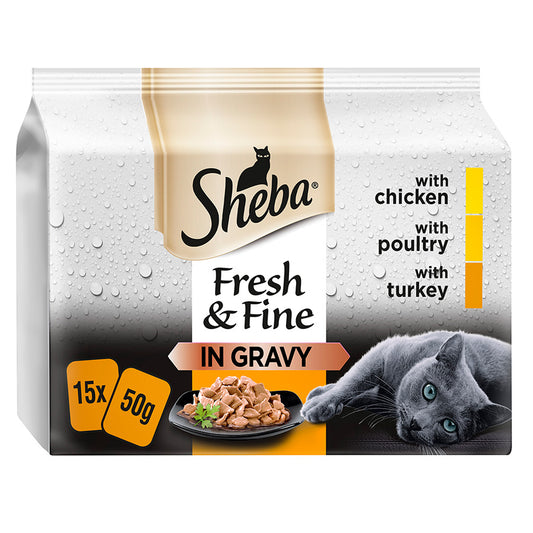 Sheba Fresh & Fine Wet Cat Food Pouches Poultry in Gravy (15pc x 50g) - 3 Packs