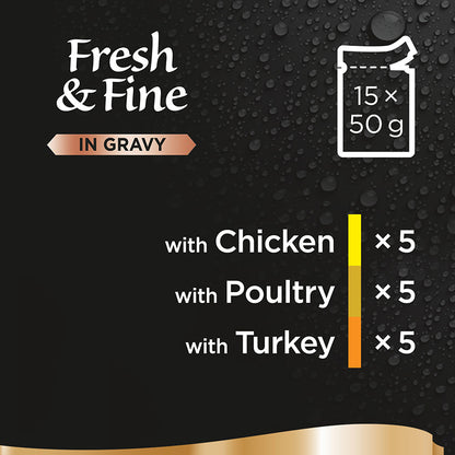 Sheba Fresh & Fine Wet Cat Food Pouches Poultry in Gravy (15pc x 50g) - 3 Packs