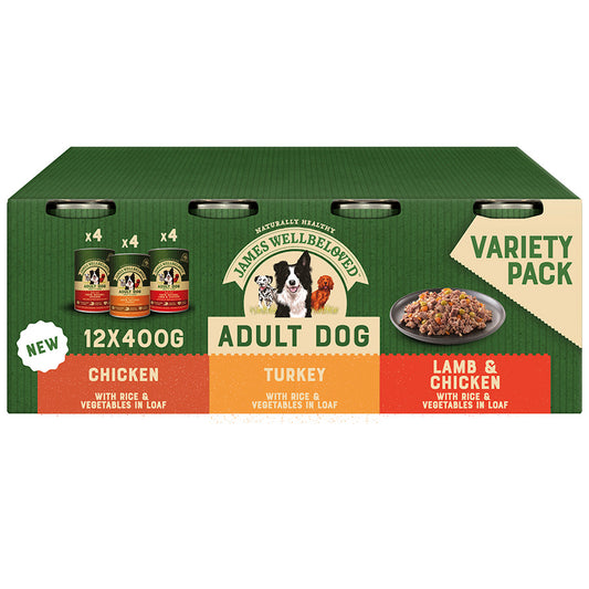 James Wellbeloved Adult Wet Dog Food Tins Turkey, Lamb & Chicken in Loaf 12 Pack - 400g