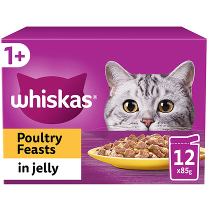 Whiskas 1+ Poultry Feasts Adult Wet Cat Food Pouches in Jelly – ( 12 x 85 ) x 4