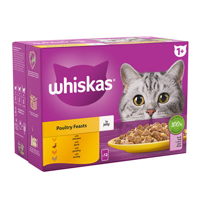 Whiskas 1+ Poultry Feasts Adult Wet Cat Food Pouches in Jelly – ( 12 x 85 ) x 4