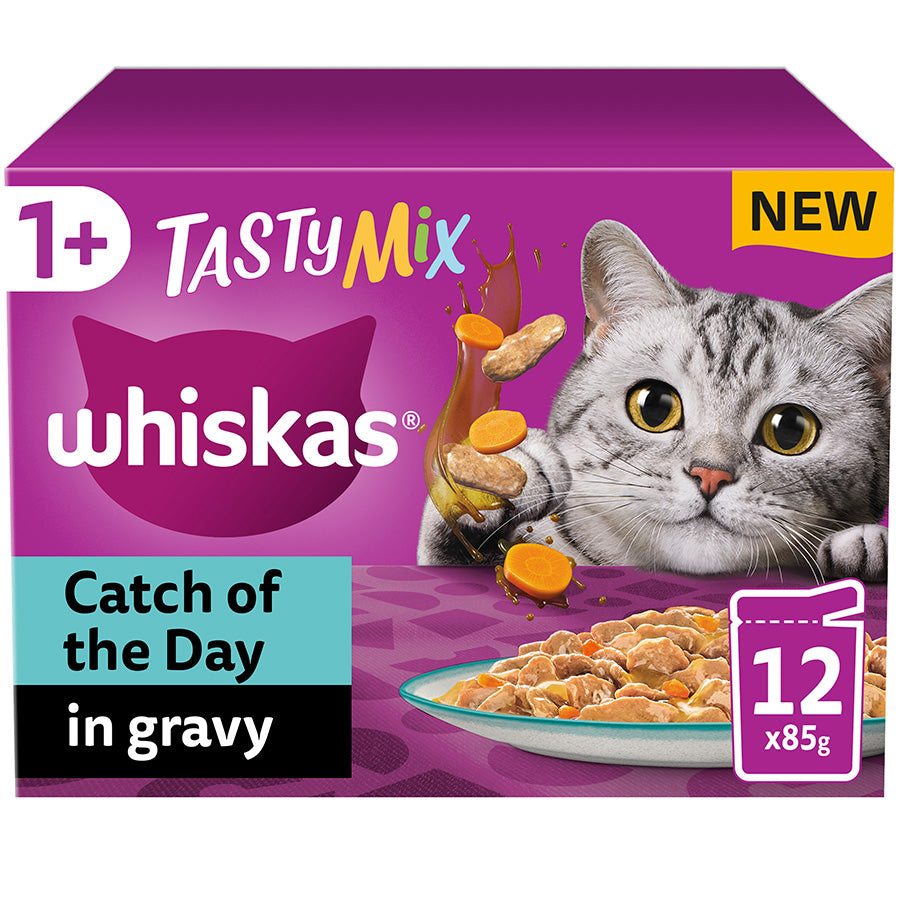 Whiskas 1+ Catch of the Day Adult Wet Cat Food Pouches in Gravy, Pack of 4 ( 12 × 85g )