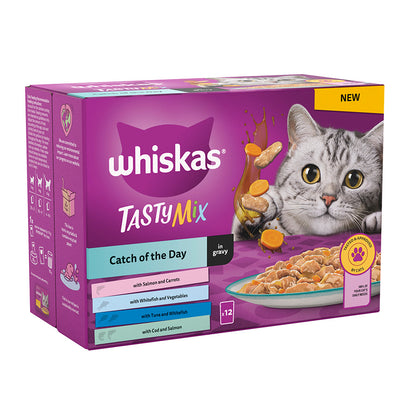 Whiskas 1+ Catch of the Day Adult Wet Cat Food Pouches in Gravy, Pack of 4 ( 12 × 85g )