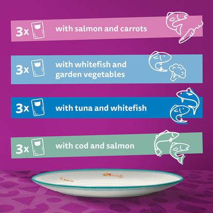 Whiskas 1+ Catch of the Day Adult Wet Cat Food Pouches in Gravy, Pack of 4 ( 12 × 85g )