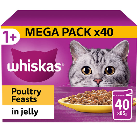 Whiskas 1+ Poultry Feasts Adult Wet Cat Food Pouches in Jelly – Pack of 40