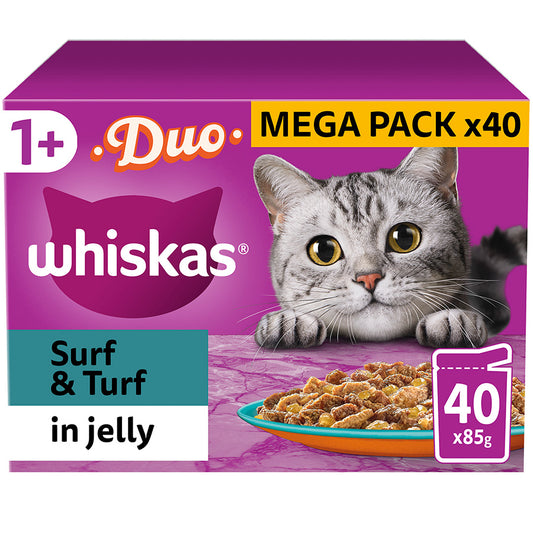 Whiskas 1+ Duo Surf & Turf Adult Wet Cat Food Pouches in Jelly – Pack of 40